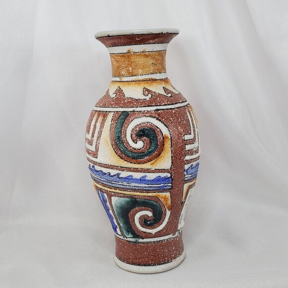 VTG Sandstone Textured Vase 6" Hand Painted Southwest Design Cream, Tan & blue - Picture 4 of 10